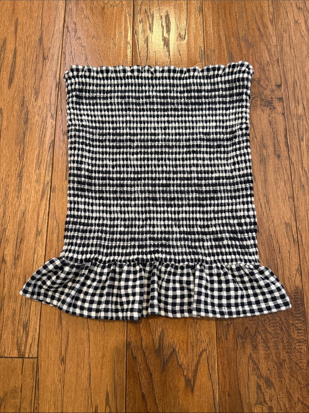 Maeve  Navy/White Gingham Ruffle Hem Strapless Smocked Top, Sm